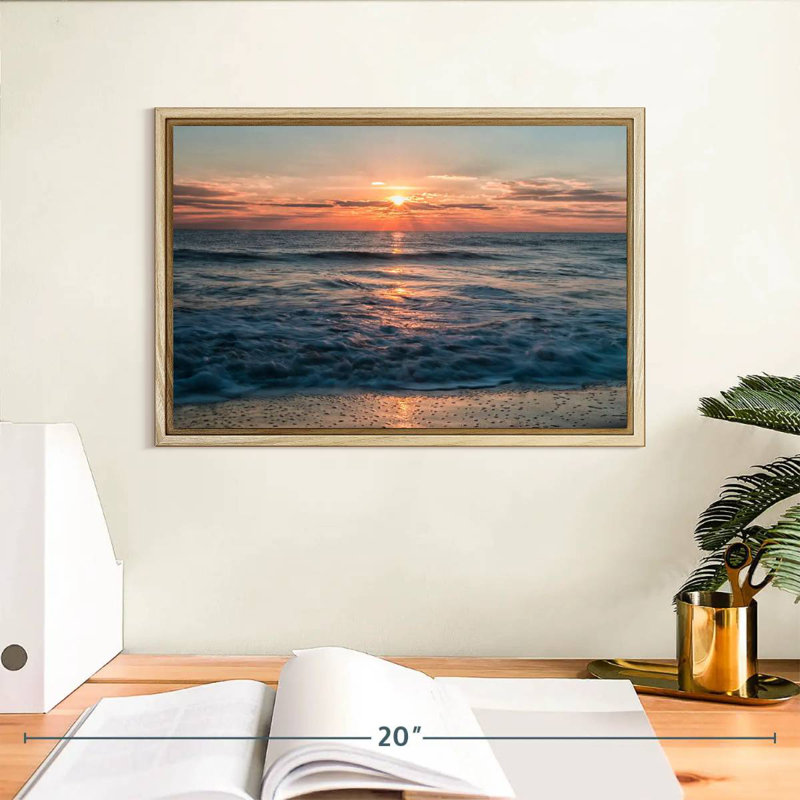 Lever de soleil sur l'océan, Cadre flottant en bois naturel, 13 po x 9 po