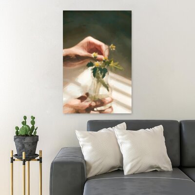 Person''s Hands Holding White Daisy Flower''s Leaf And Clear Glass Vase - 1 Piece Rectangle Graphic Art Print On Wrapped Canvas -  Red Barrel StudioÂ®, ACA7304F4B2B4E1AB37E92019B092407