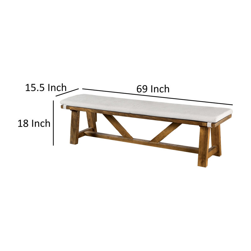 Banc de salle à manger Jule, base en tréteaux, 69 po, bois brun avec siège blanc cassé