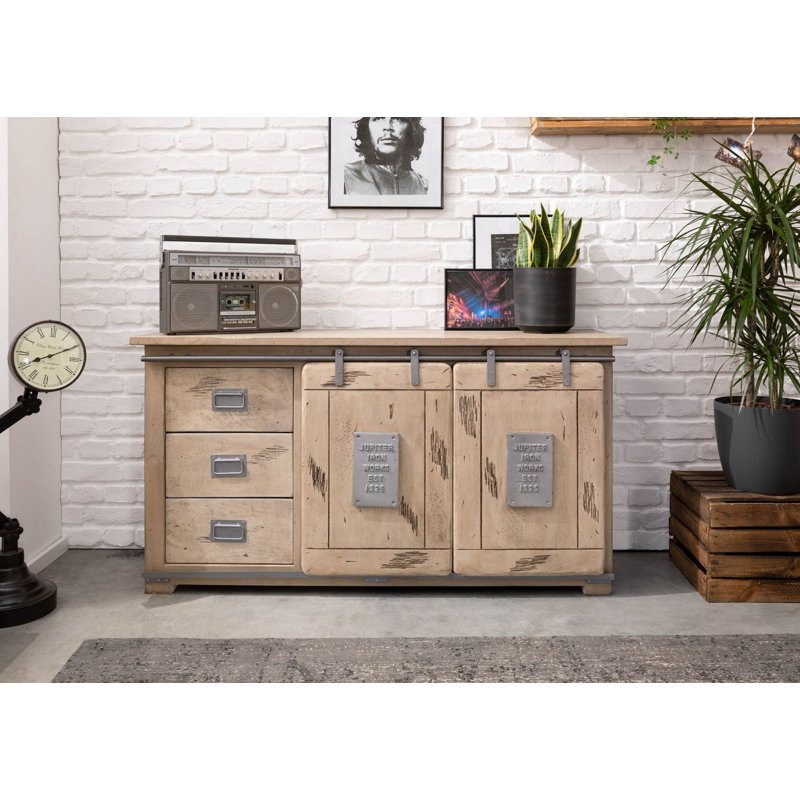 Railway 150cm Solid Wood Sideboard, Whitewash Lacquered