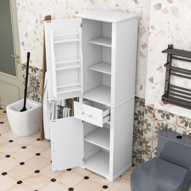 Grande armoire de rangement autoportante pour salle de bain avec tablettes réglables et tiroir, Blanc
