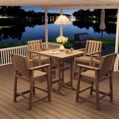 5-Piece Adirondack Bar Set with 4 Chairs, Outdoor Patio Bar Table, HDPE All-Weather Furniture with Umbrella Hole for Backyard, Poolside, or Balcony