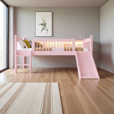 Lit mezzanine avec tablettes de rangement, lit mezzanine inférieur en bois massif avec lumières DEL et garde-corps pleine longueur, aucun sommier nécessaire