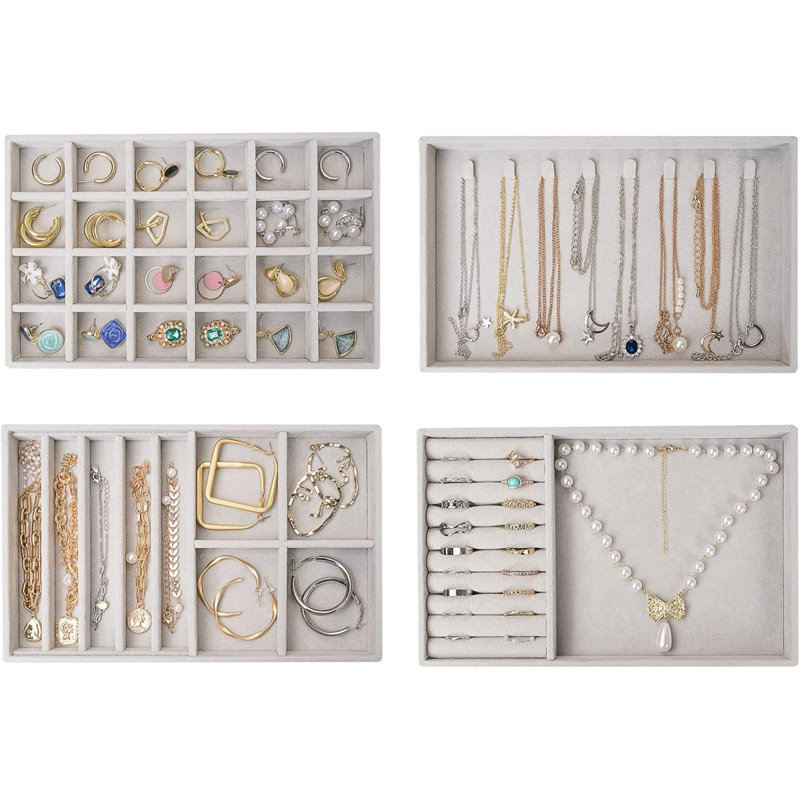 Stackable Jewellery Organizer Trays for Drawers, Jewellery Drawer Inserts Container Display Case Storage, Grey