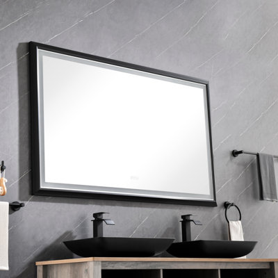 Miroir de salle de bain 60 po x 48 po à DEL avec cadre en aluminium, miroir de meuble-lavabo mural, anti-buée, mémoire, 3 couleurs, réglable en continu