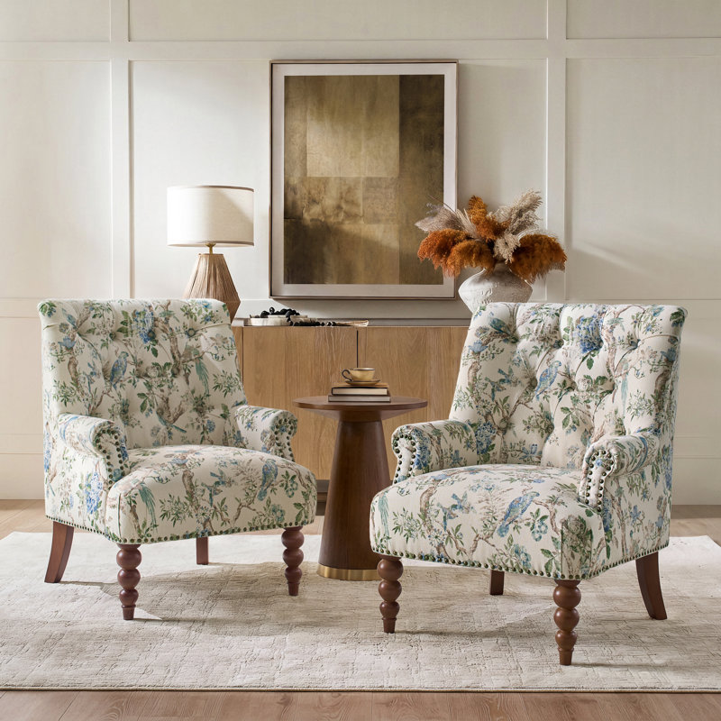 Plath 31"W Transitional Floral Rolled Arm Chair with Nailhead Trim, Oiseau