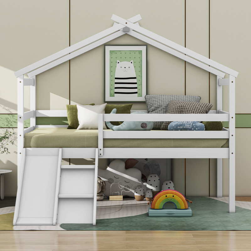 Twin Low Loft House Bed With Slide, Ladder, Safety Guardrails, White