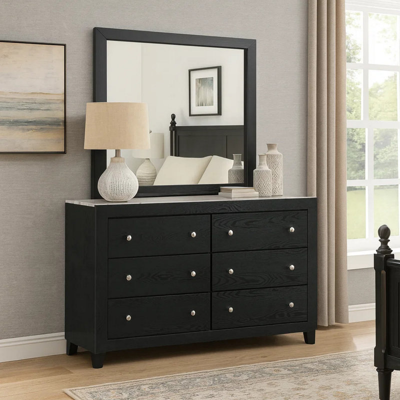 Commode Yoh de 57 po de large avec miroir, 6 tiroirs, poignées rondes, bois noir
