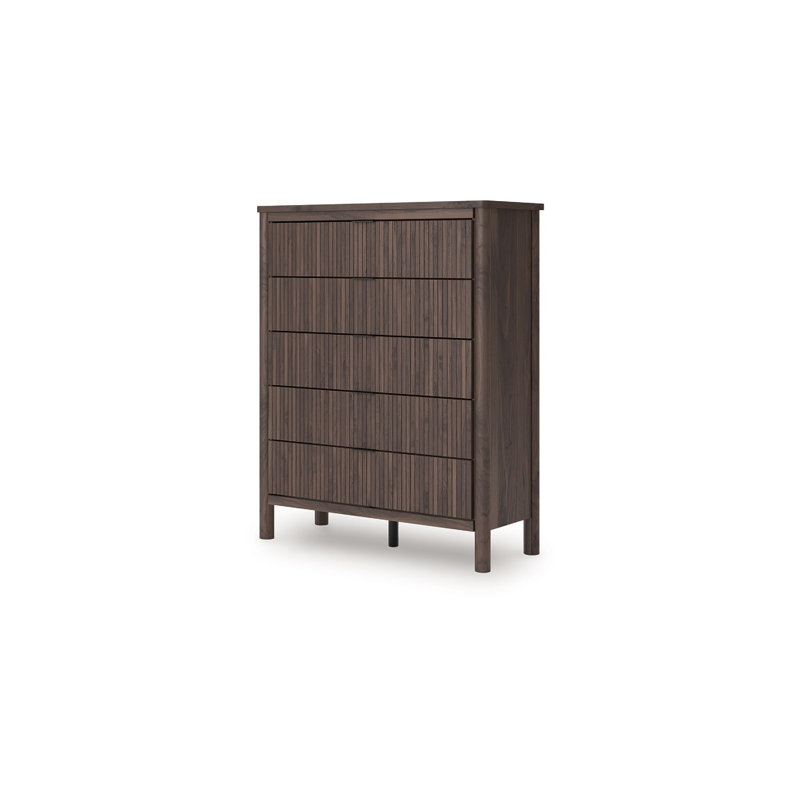 Commode haute Pemy, 5 tiroirs à roseaux, brun noyer foncé