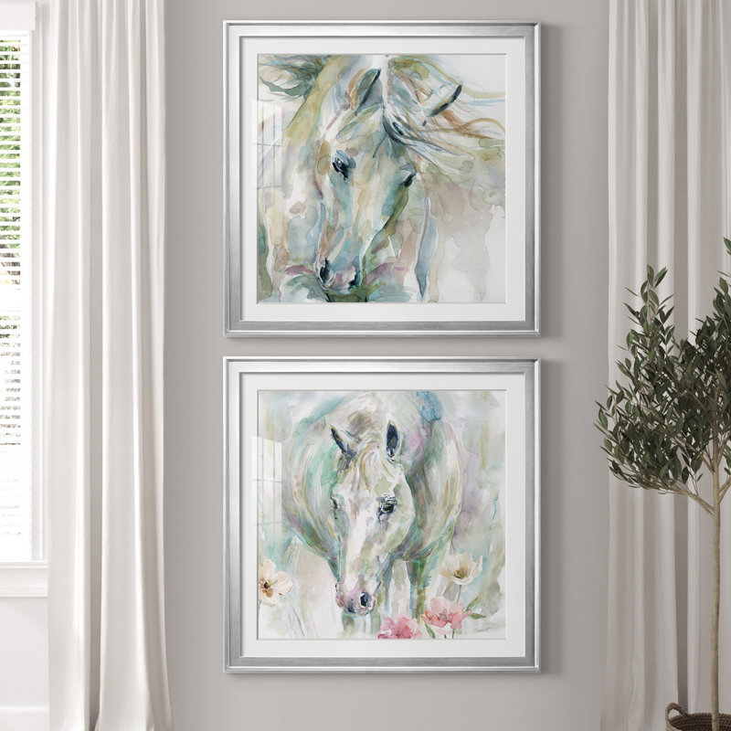 «Exuberant Spirit», ensemble de 2 reproductions d'art, Blanc, H 26,5 po x l 53 po x P 1,5 po, Papier avec cadre argenté