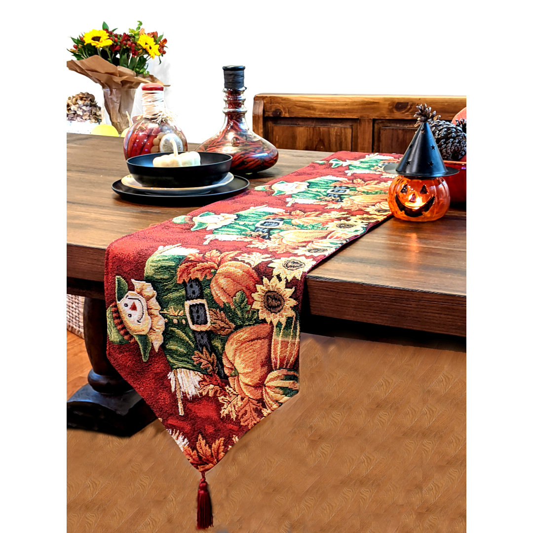 Ulises Pumpkin Patch Scarecrow Woven Tapestry Table Runner August Grove®