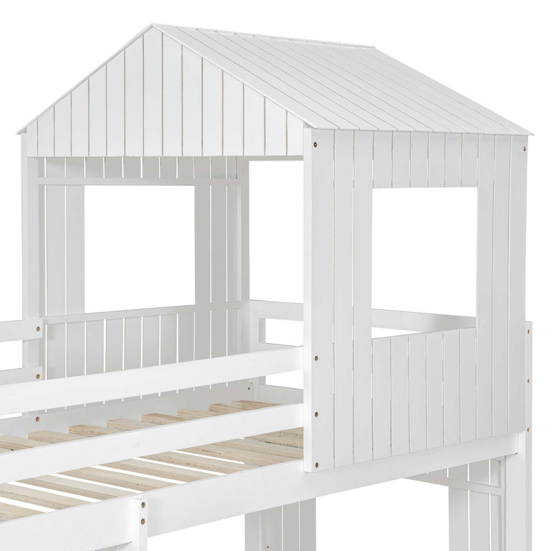Lit superposé simple en bois sur lit double, lit mezzanine avec maisonnette, maison de campagne, échelle et garde-corps