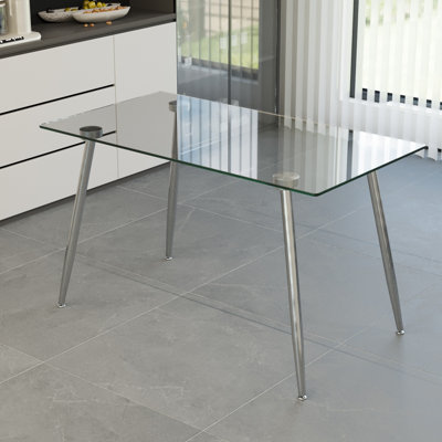 Table de salle à manger en verre, table rectangulaire moderne avec plateau en verre trempé et pieds en métal argenté, table de cuisine simpliste, table polyvalente pour le bureau à domicile