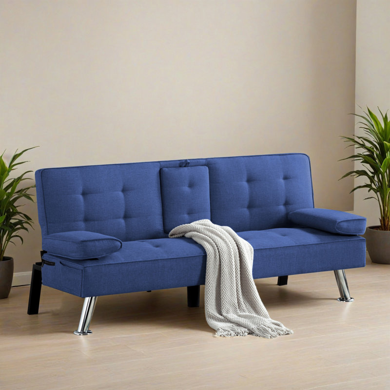 65.32" Wide Convertible Upholstered Reclining Sleeper Sofa Bed, Blue