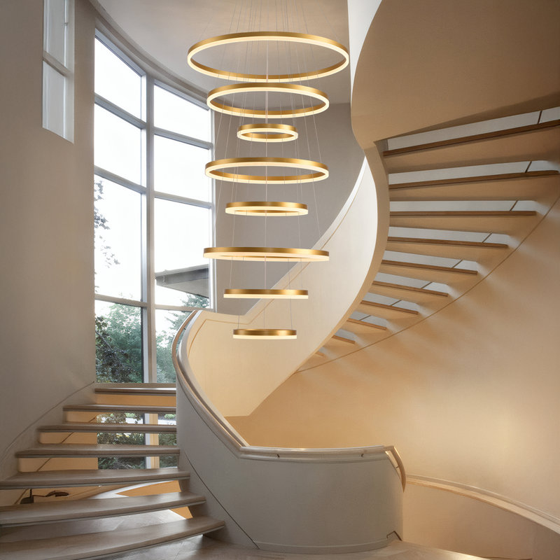 8-Rings Modern Led Chandelier Gold Contemporary Dimmable Ceiling Pendant Light With Remote Control, Foyer High Ceiling Chandelier For Staircase Living Room Entryway