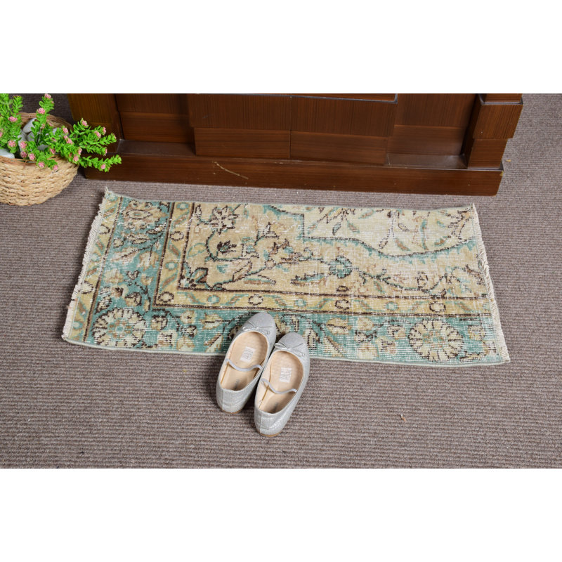 Handmade Green Turkish Oushak Rug: Authentic Vintage Wool Mat for Entryway or Home Decor