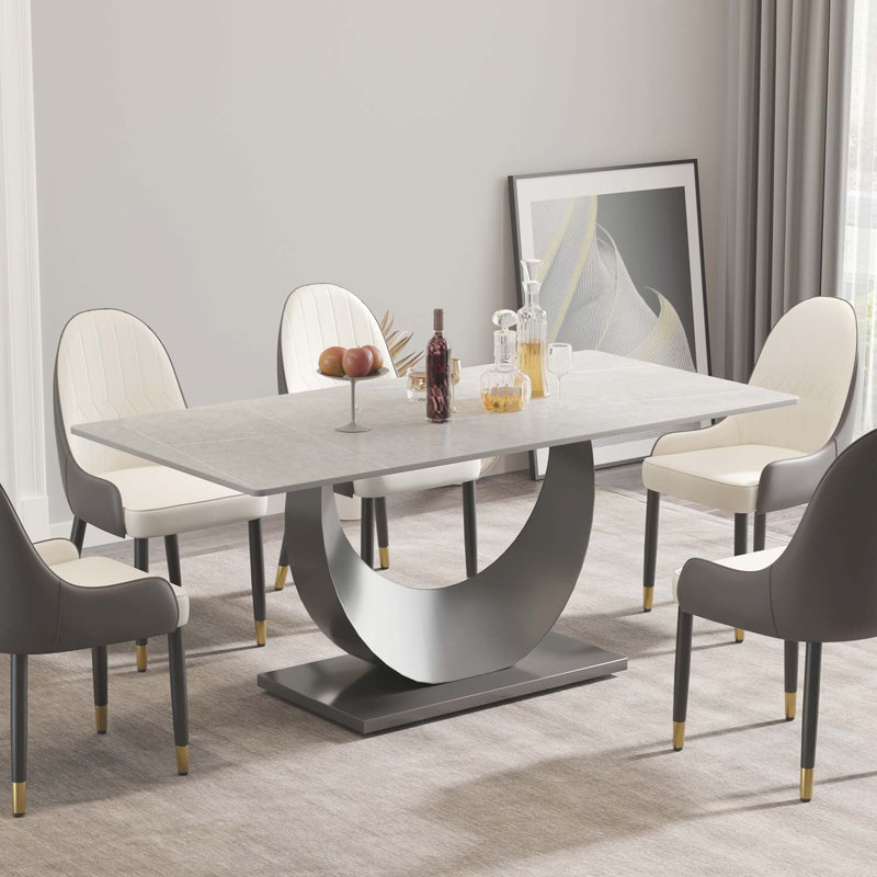 Kentrez Stone Top Metal Base Dining Table, Gray, 35.4" W x 70.87" L
