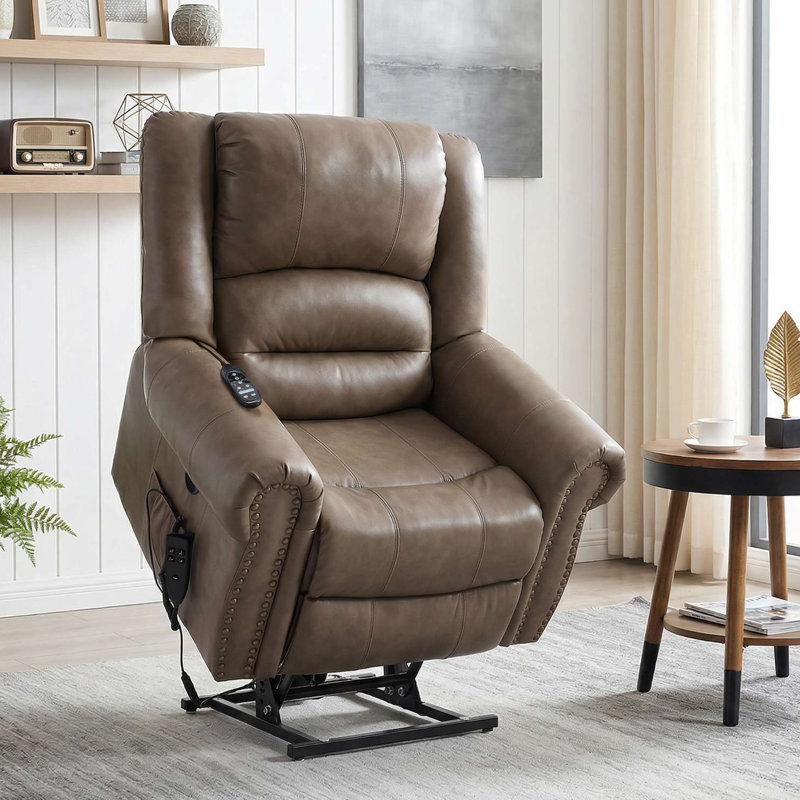 Aura 40" W Dual Motor Power Lift Recliner Infinite Position With Heat And Massage, Camel Brown Genuine Leather