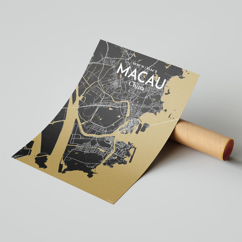 Macau, carte de la ville, impression, H 20 po x l 16 po, Noir et or