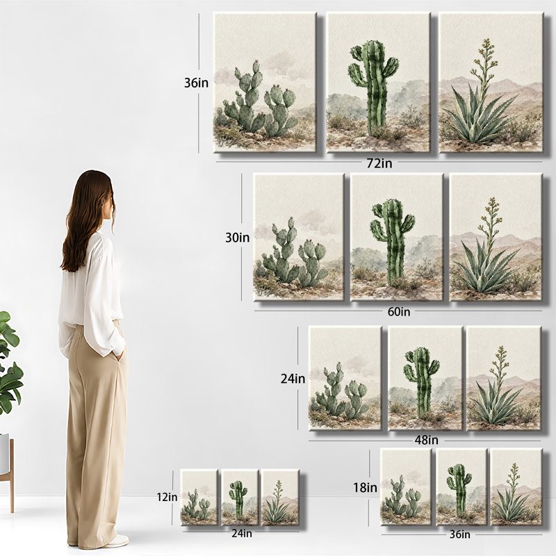 Reproduction d'art mural imprimé sur toile, 3 pièces, Saguaro, H 12 po x l 24 po x P 1 po