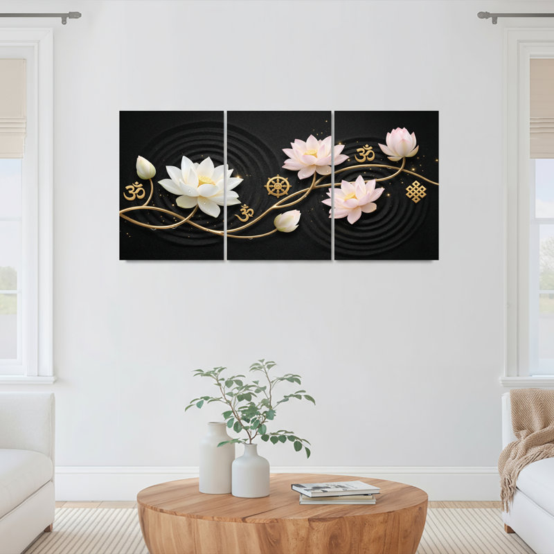 Ensemble de 3 tableaux sur toile représentant des fleurs de lotus et le symbole Om, pour la décoration du salon, de la chambre ou de l'espace de méditation.