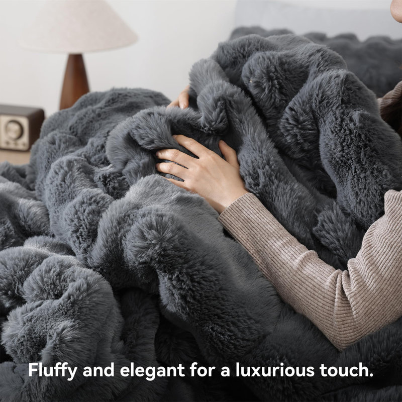 Fluffy Comforter Set 3 Pieces- Ultra Soft & Warm Faux Fur Comforter With Two Pillowcases For Winter, Dark Gray
