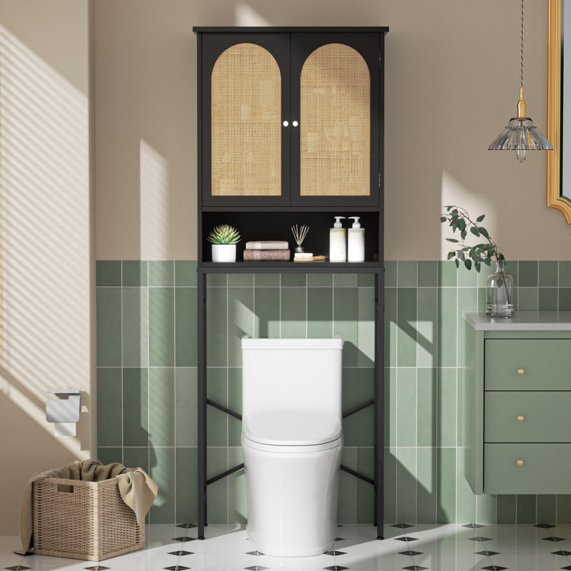 Armoire de rangement en rotin pour toilette avec support en métal, Noir