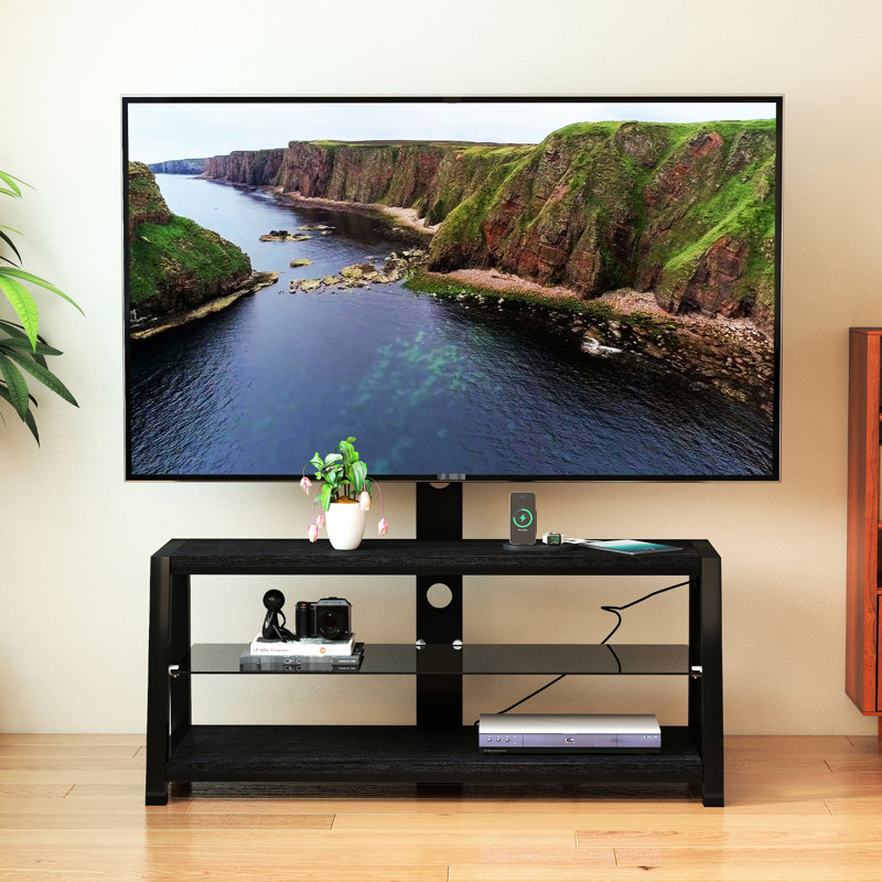 Height - Adjustable, Black Tempered Glass, Storage Stand, 32" 65" Tvs, 3 Tier Shelves, Swivel Function, 180 Lbs Load, Charging, Wire Management Tier, Tv Swivel, Adjustment, Capacity,