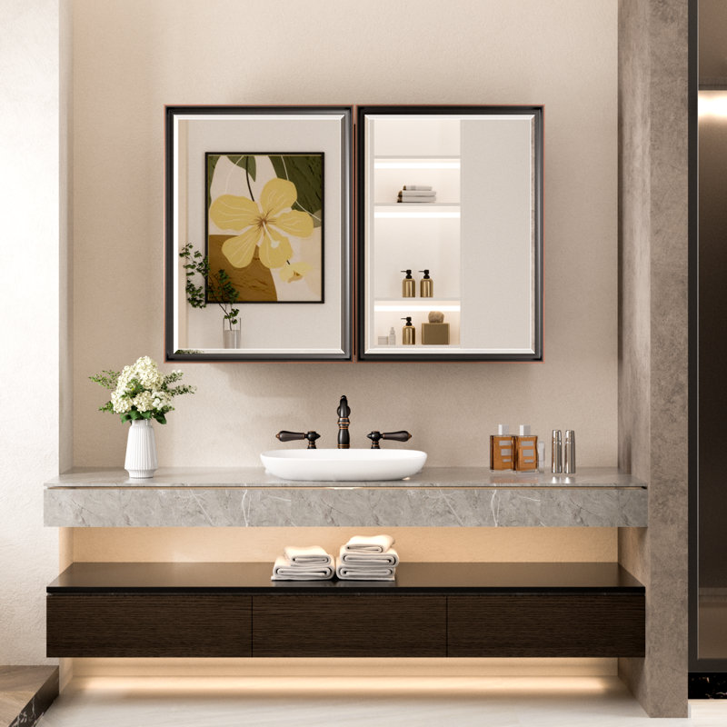 Lunara Recessed & Surface Framed 2 Door Medicine Cabinet with Mirror and Shelves, 24" H x 36" W x 5.2" D, Oil Rubbed Bronze