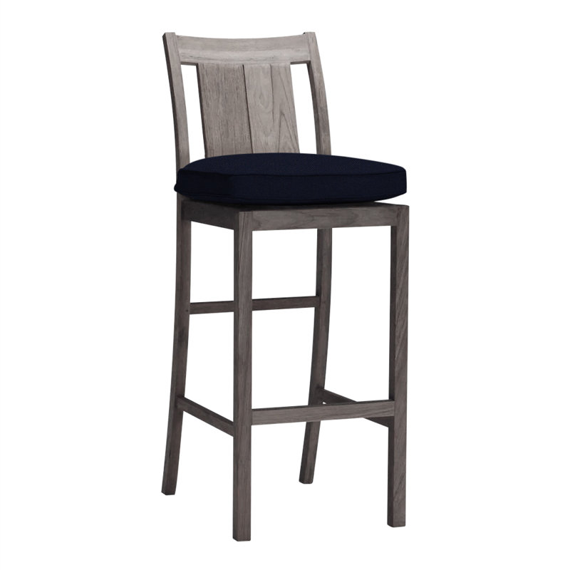 Croquet 24.5" Patio Bar Stool with Cushion, No Welt, Linen Navy, Oyster Teak