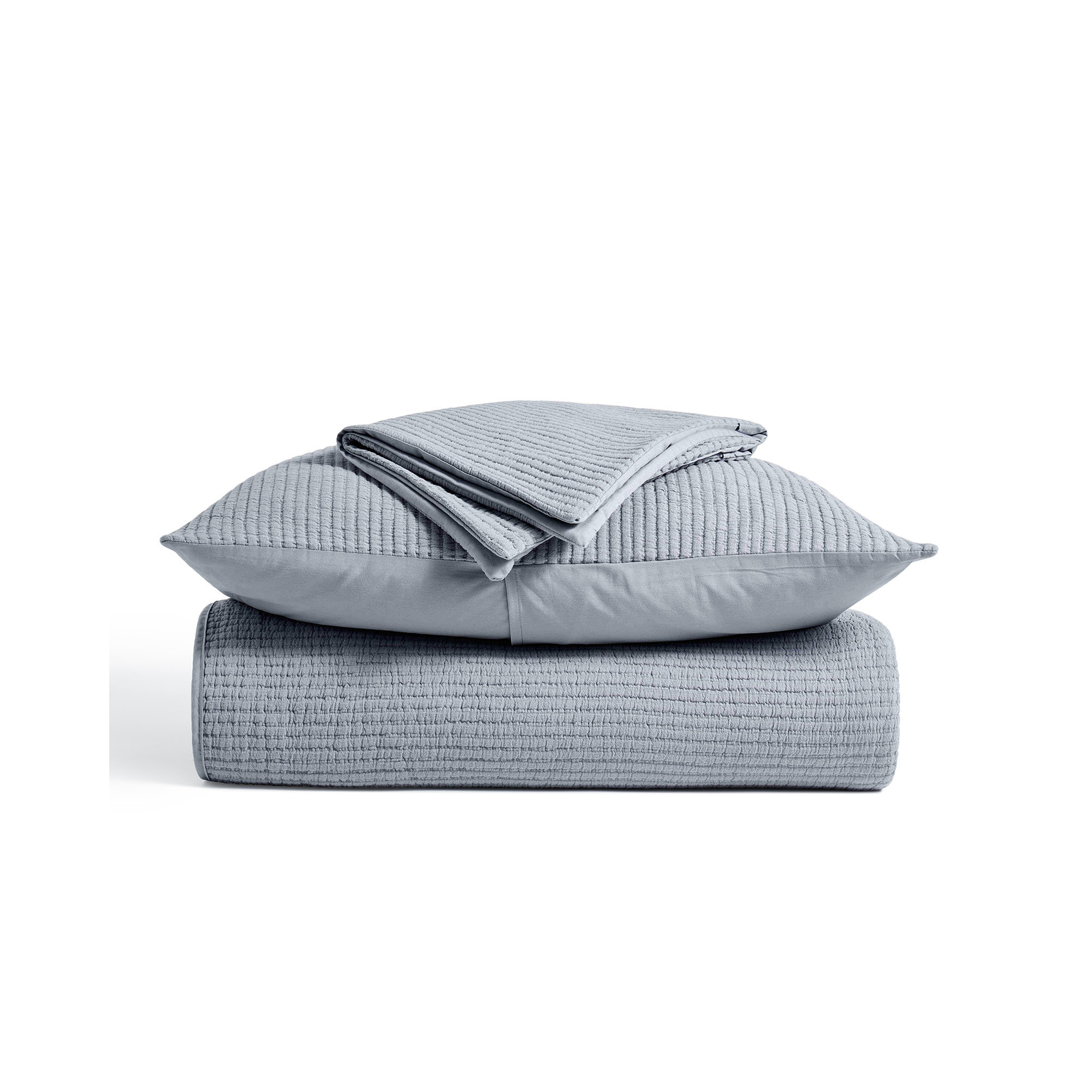 Ribbed Matelassé Cotton Coverlet Set, King Quilt + 2 King Shams, Blue Linen