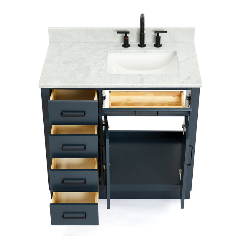 Meuble-lavabo simple Jameal de 36 po en bois massif avec comptoir en marbre de Carrare de 0,75 po et lavabo ovale dÃ©calÃ© Ã  droite