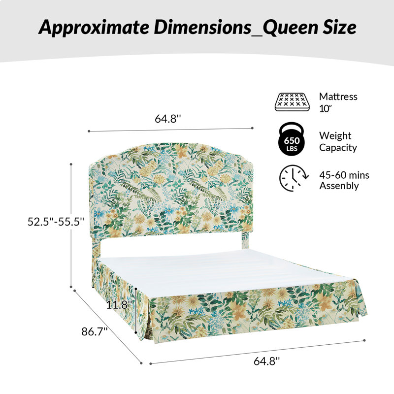 Clemens Upholstered Platform Bed With Washable Slipcover, Queen, Spring