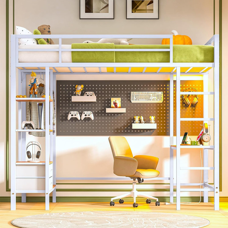 Loft Bed With Desk And Led Lights Junior Loft Bed Twin Size With Charging Station & Storage Shelves And Drawers Twin Metal Bed With Clothes Rail,safety Guard & Ladder,no Box Spring Needed