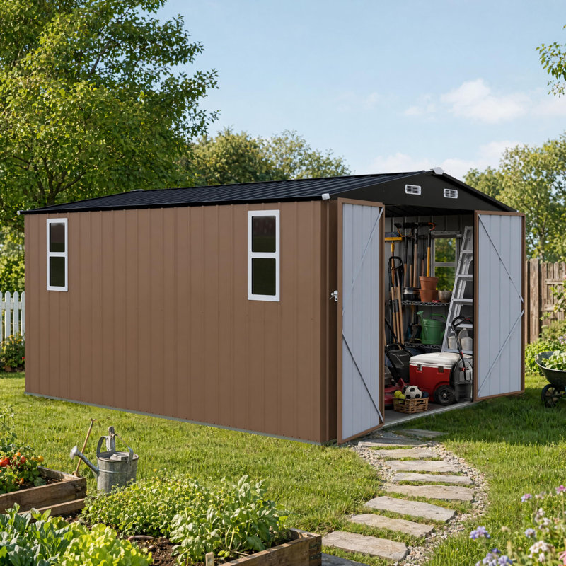 Remise de rangement extérieure 10 'x 14' avec fenêtres, remise à outils de jardin en métal galvanisé