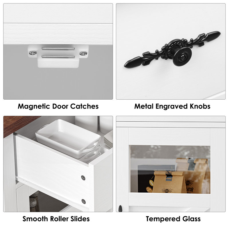 Almus 55'' Sideboard with 4 Glass Doors, 2 Large Drawers and Adjustable Shelves, White/Brown