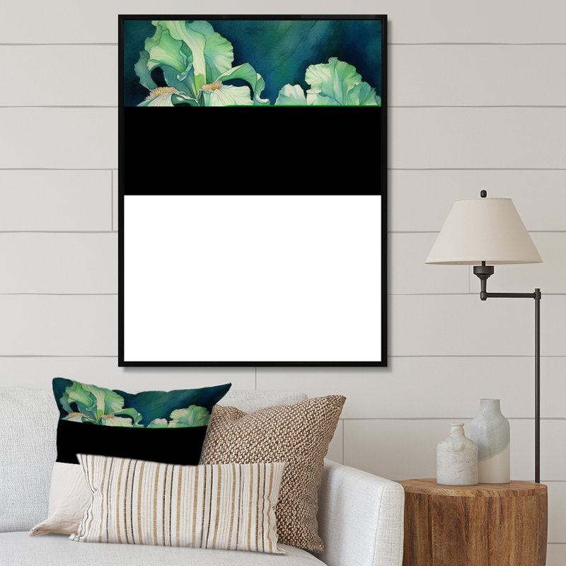 Pétale d'iris vert sur toile, H 44 po x l 34 po x P 1,5 po, Cadre flottant noir