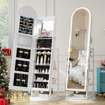 360° Swivel Arched Jewelry Armoire with LED Lighted Full-Length Mirror