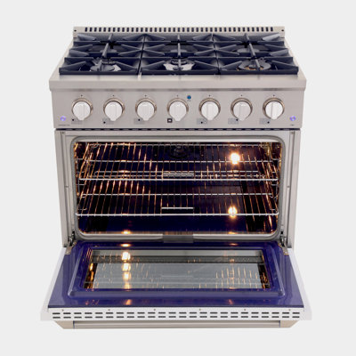KUCHT Professional 36 po 5,2 pieds cubes Pi. Cuisinière au gaz naturel avec brûleurs scellés et four à convection en acier inoxydable avec porte de four blanche et boutons blancs