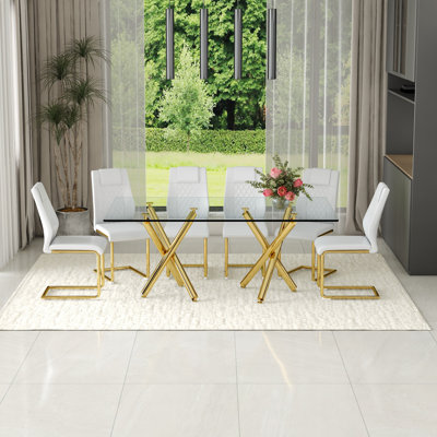 71'' Modern Rectangular Glass Dining Table Set With Gold Metal Legs And PU Chairs