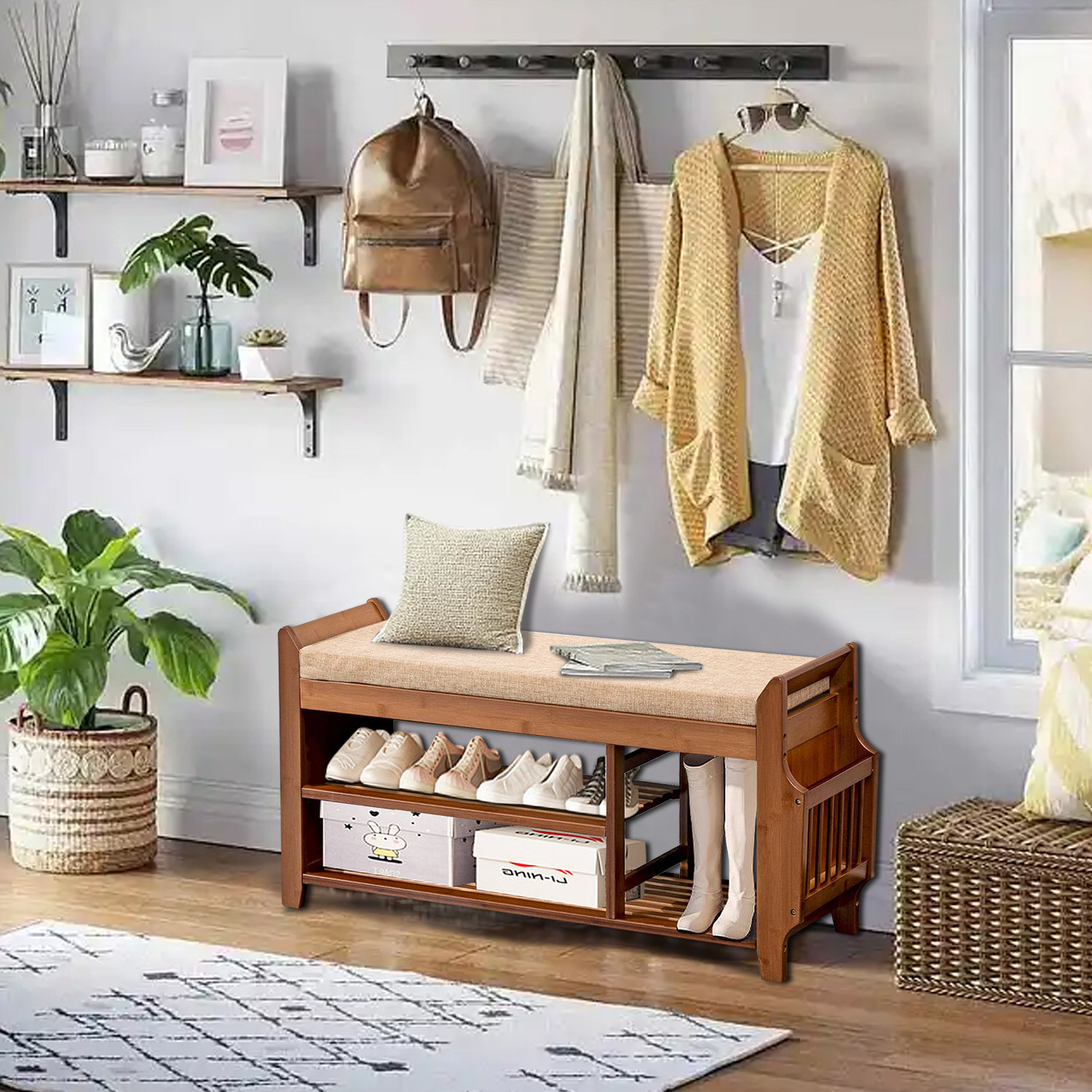 Red Barrel Studio® Shoe Storage Bench for Entryway, Bamboo Entryway ...