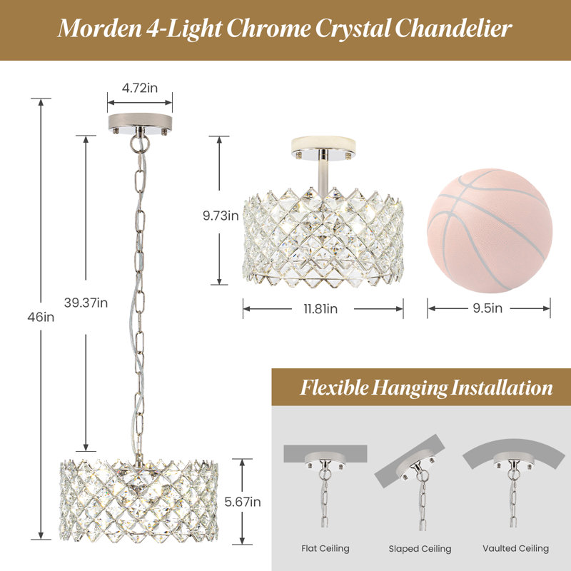 Lustre à 4 lumières pour salle à manger, plafonnier avec abat-jour en cristal K9, H 39,3 po x l 15,5 po x P 15,5 po