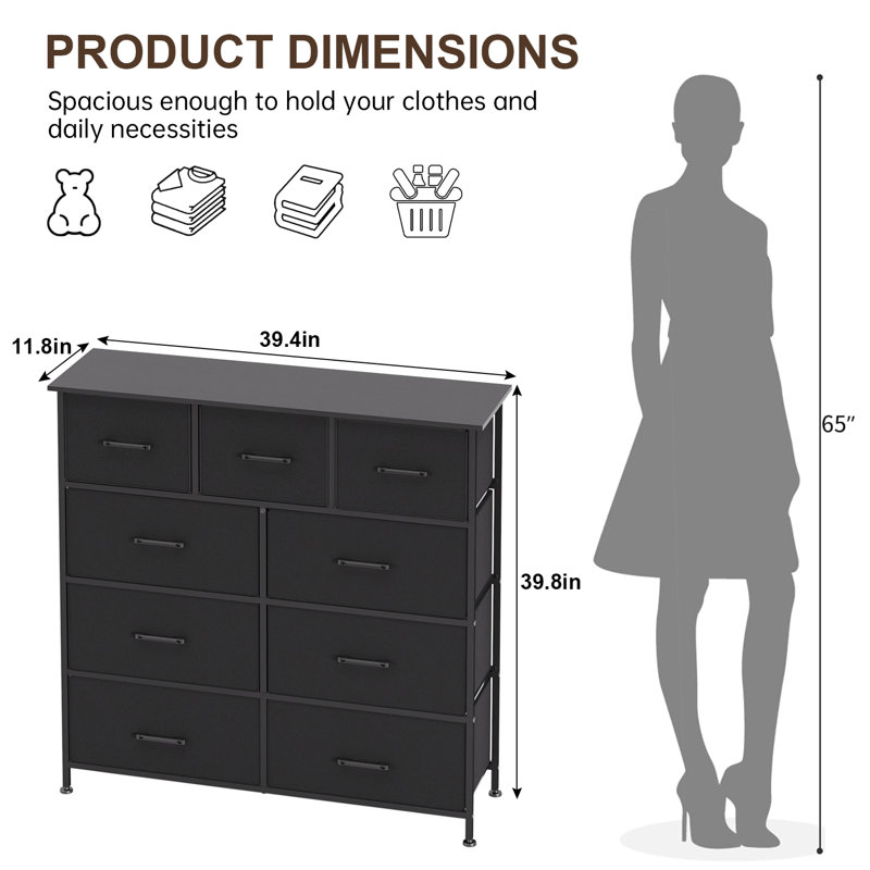 Commode 9 tiroirs en tissu Tour de rangement robuste pour chambre à coucher avec structure en métal, Noir, noir, noir, noir