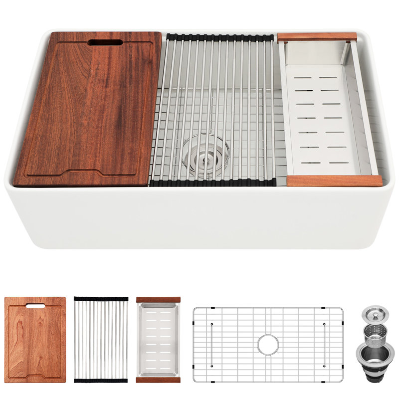 33"X20" White Ceramic Farm Kitchen Sink - Single Bowl Workstation For Elegance And Durability Stain-