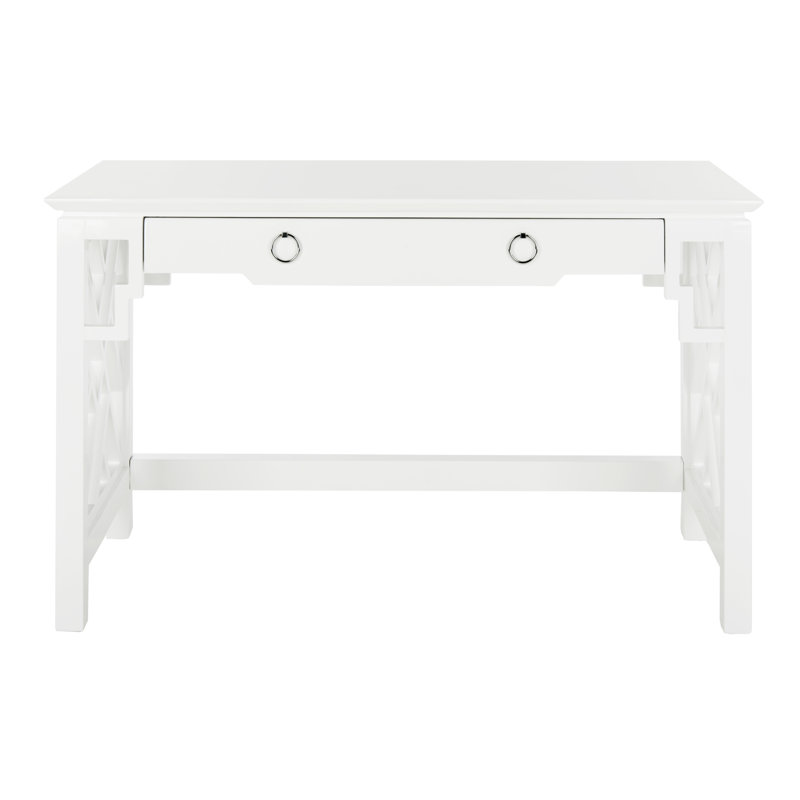 White Wood Writing Desk with Drawer and Lattice Design