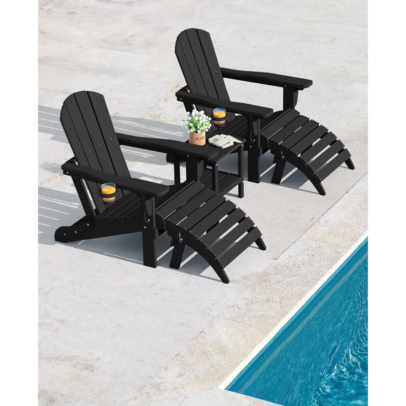 Dalson 5-Piece Plastic Adirondack Chair Set with Side Table and Ottomans, Black