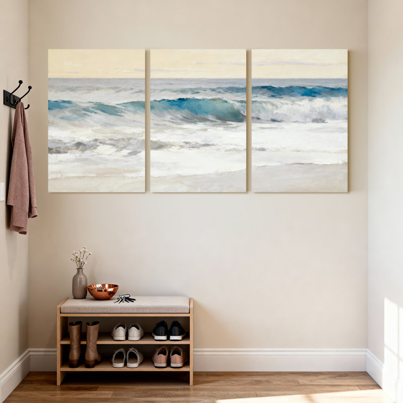 Ensemble de 3 tableaux muraux sur toile représentant un paysage marin et des vagues de l'océan, 18" H x 36" W