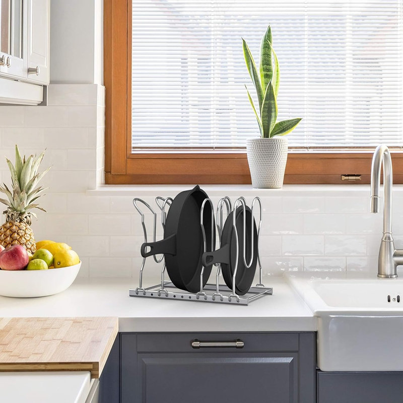 Support de rangement robuste pour casseroles et poêles, support de rangement réglable pour casseroles et casseroles avec 5 séparateurs pour les armoires de cuisine et le garde-manger, chrome