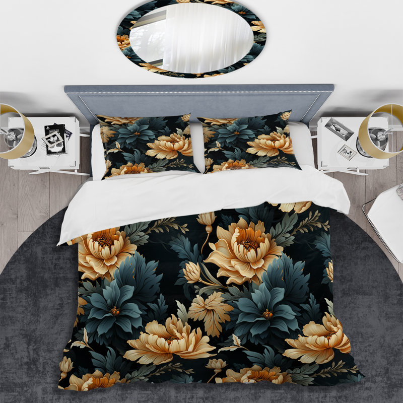 Vintage Yellow Damask Nostalgia - Ensemble de housse de couette damassé, Housse de couette simple + 1 taie décorative stan
