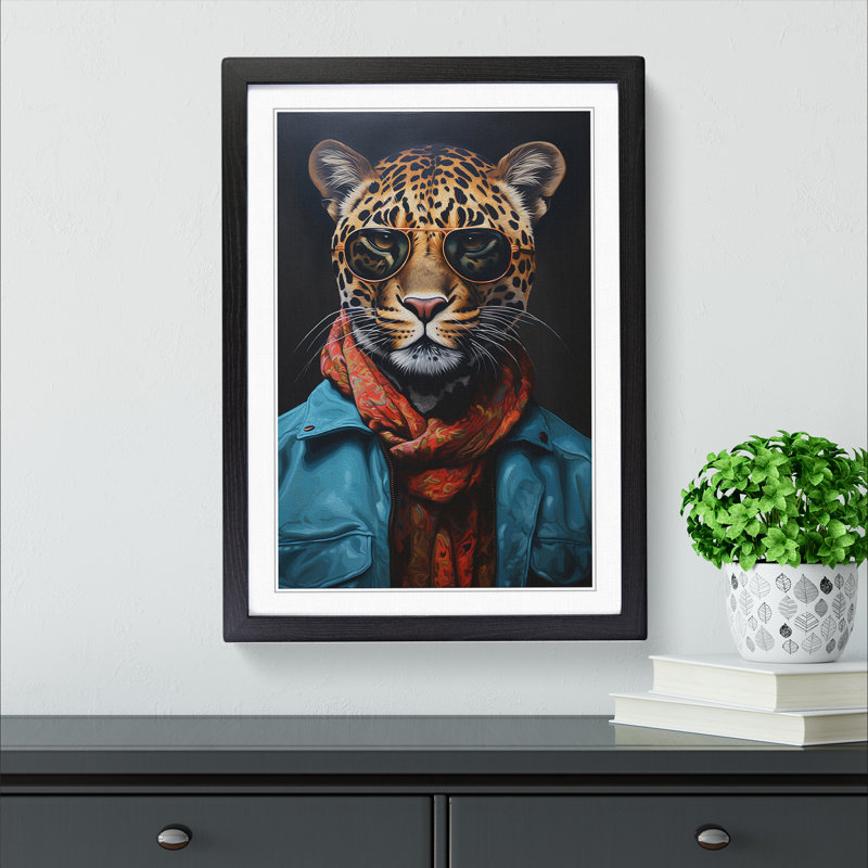 Leopard With Glasses Painting - Single Picture Frame Print on Wood, Black Framed, 46cm H x 34cm W x 2cm D